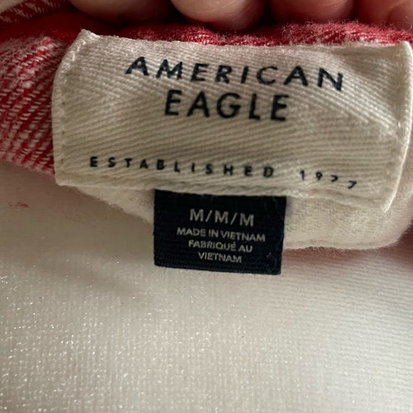 American Eagle Medium Oversized Plaid Button-up Hoodie Sweater Red & White Fall - Picture 4 of 4